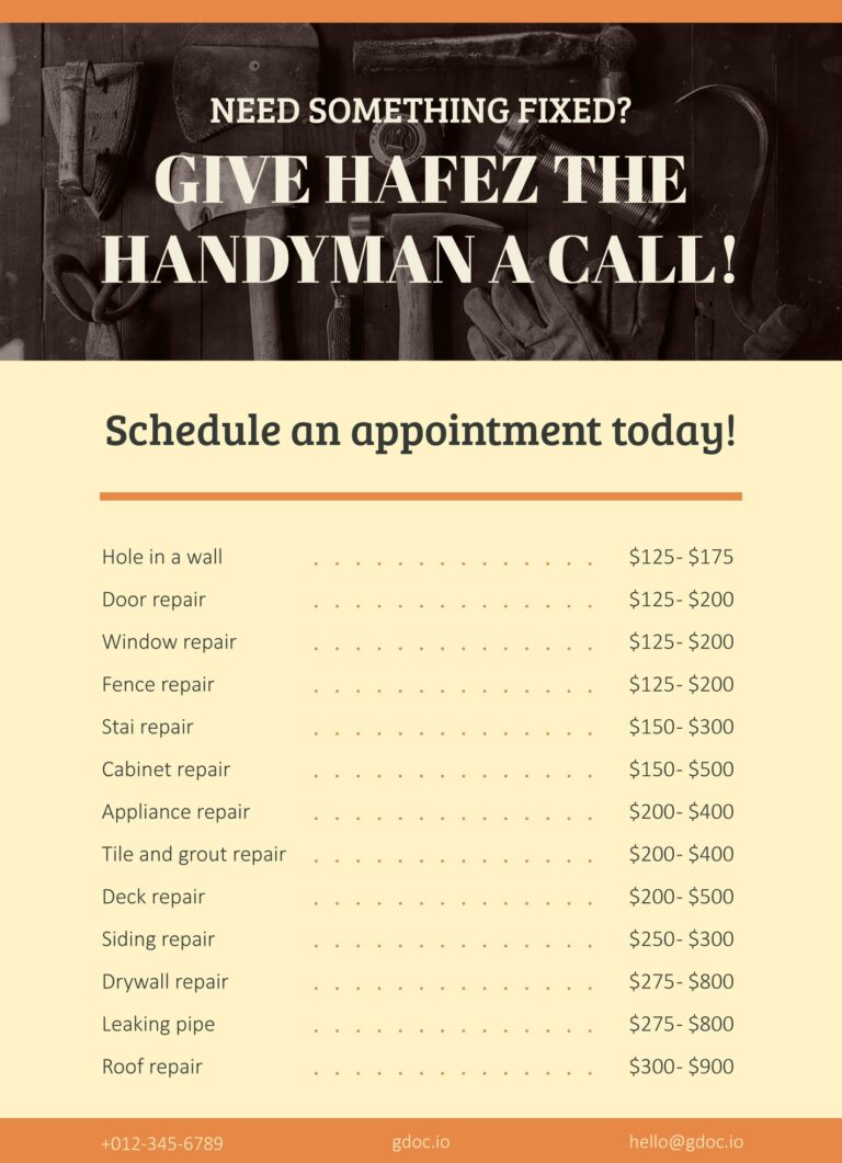 Handyman Price List Free Google Docs Template Gdoc io