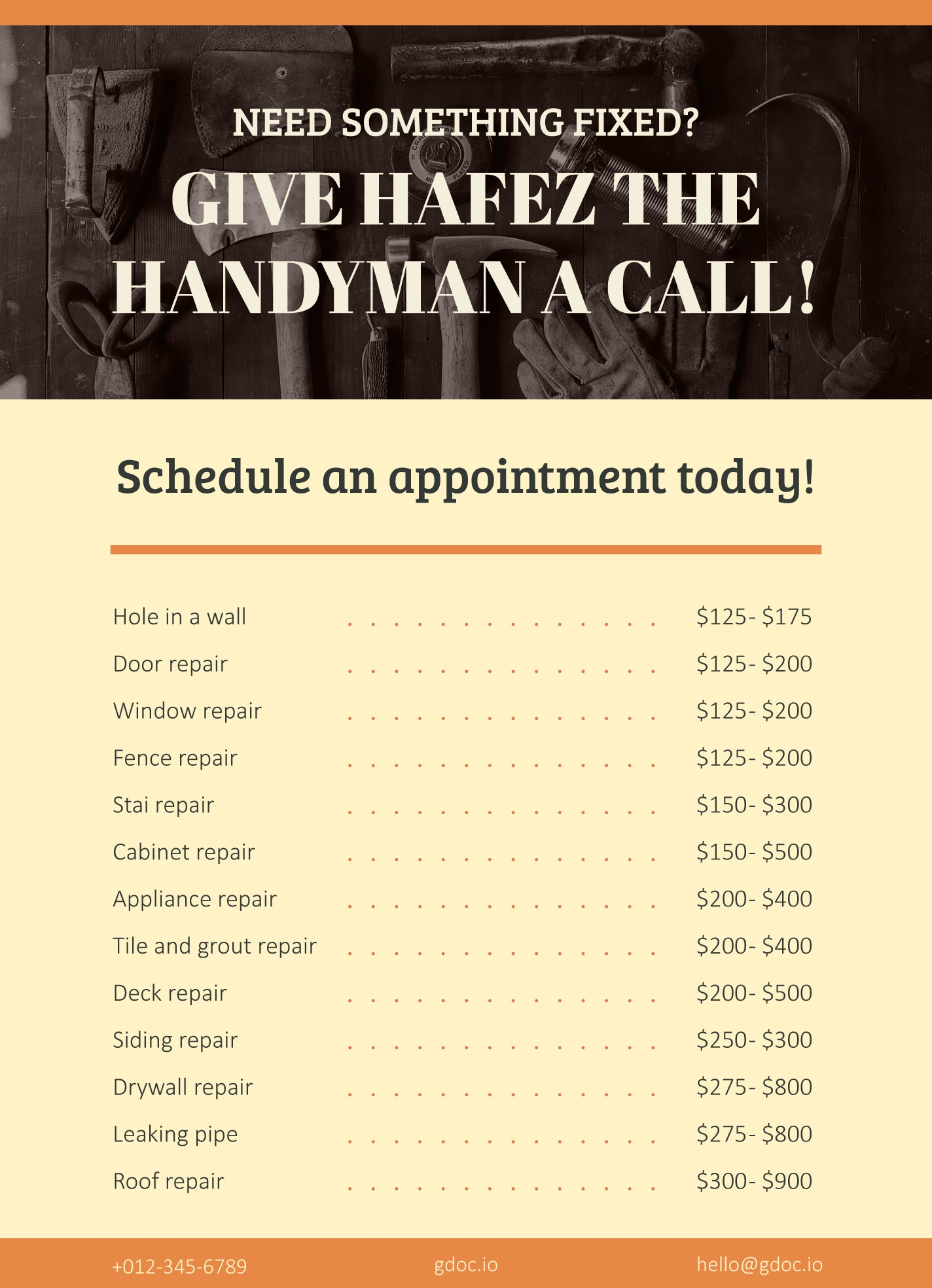 Handyman Price List Free Google Docs Template Gdoc io