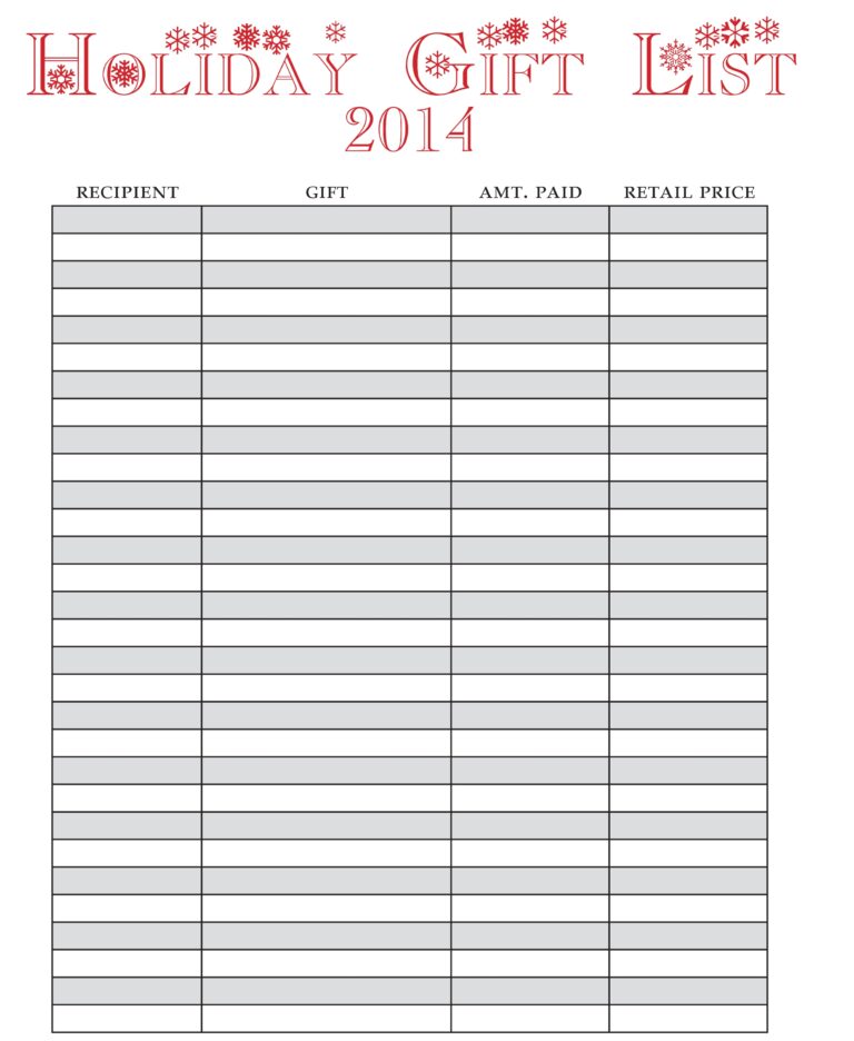 Holiday Gift List FREE Printable One Beautiful Home