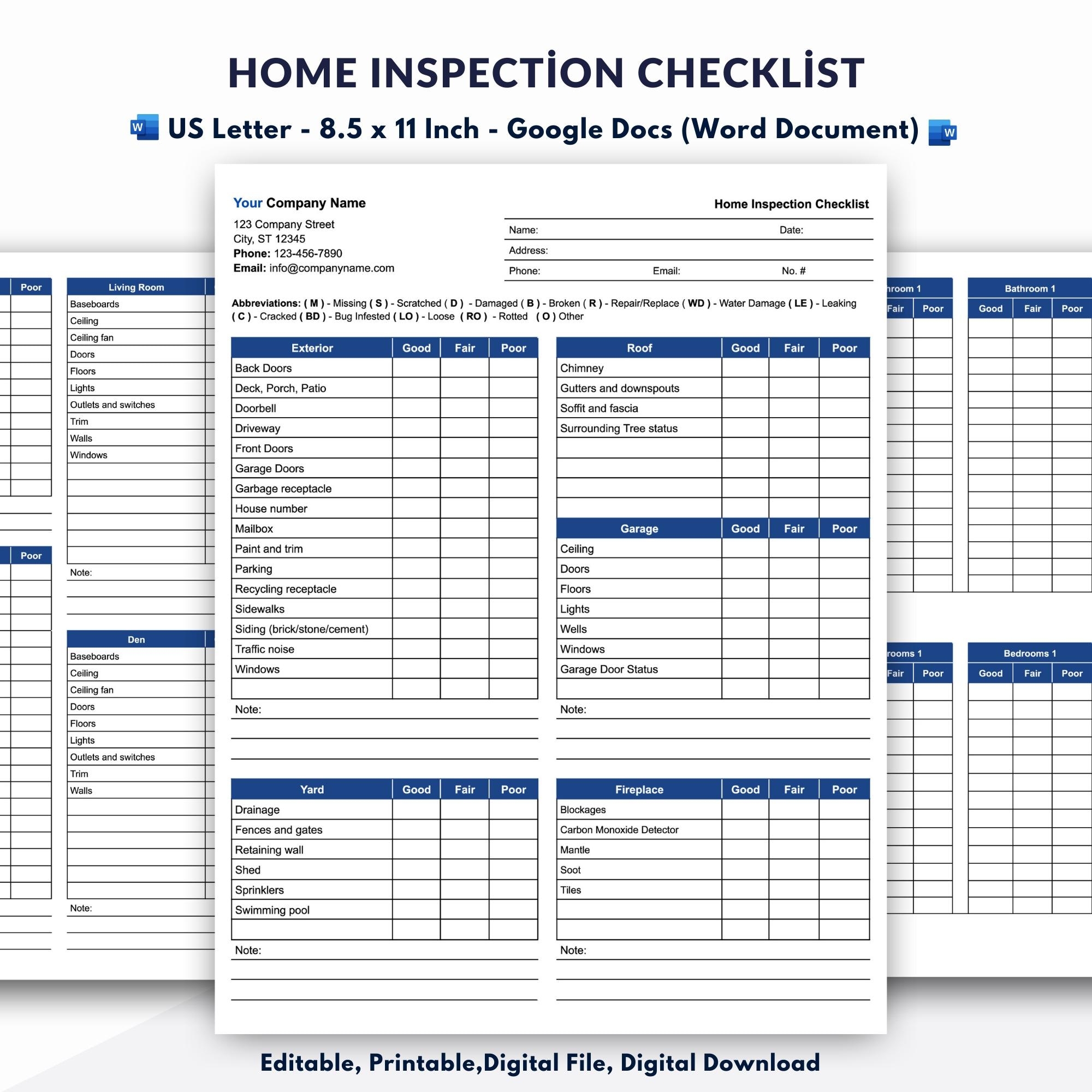 Home Inspection Checklist Template Google Docs word Document Etsy