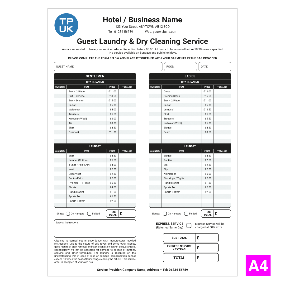 Hotel GUEST LAUNDRY LIST Printing From 48 With Free Delivery