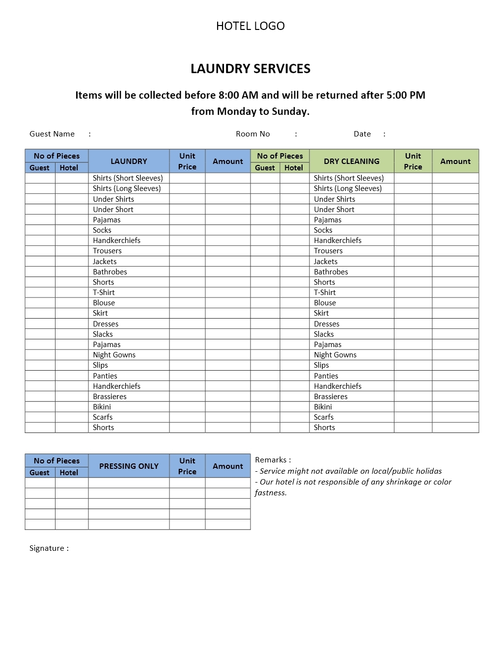 Hotel Laundry Price List