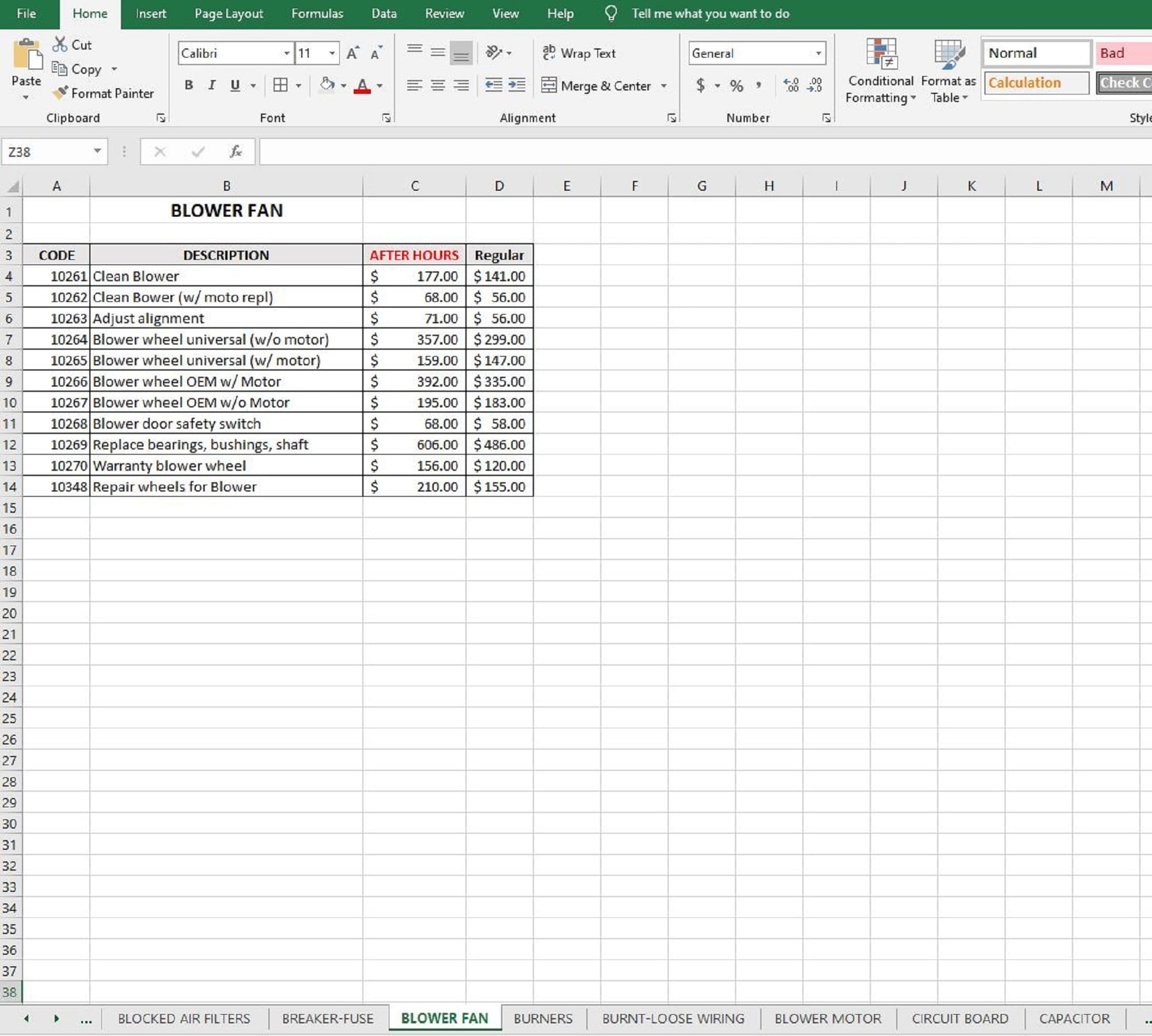 HVAC Price Book Excel Template