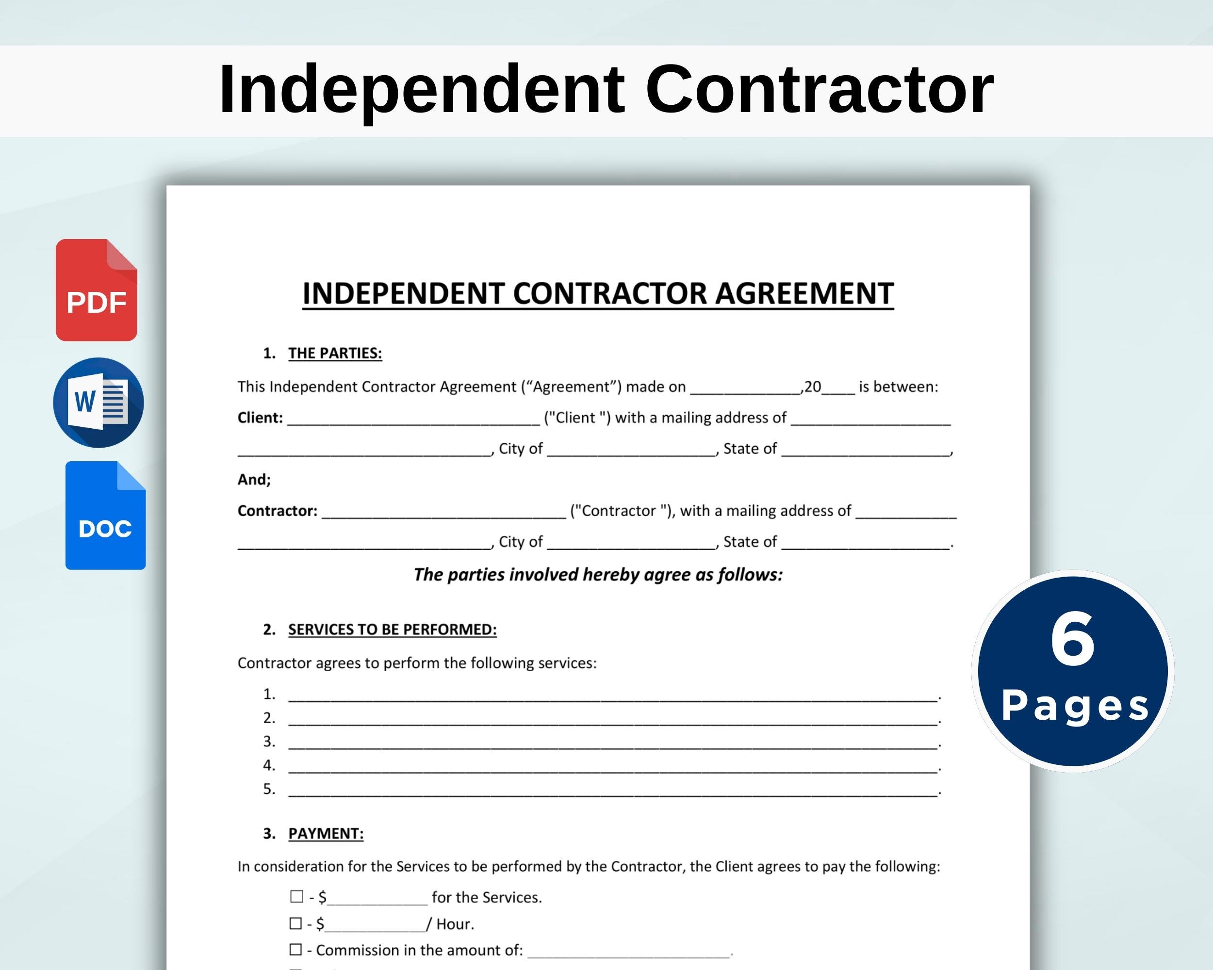 Independent Contractor Agreement Template Editable Business Contract Independent Contractor Contract Contract Form Printable PDF WORD Etsy