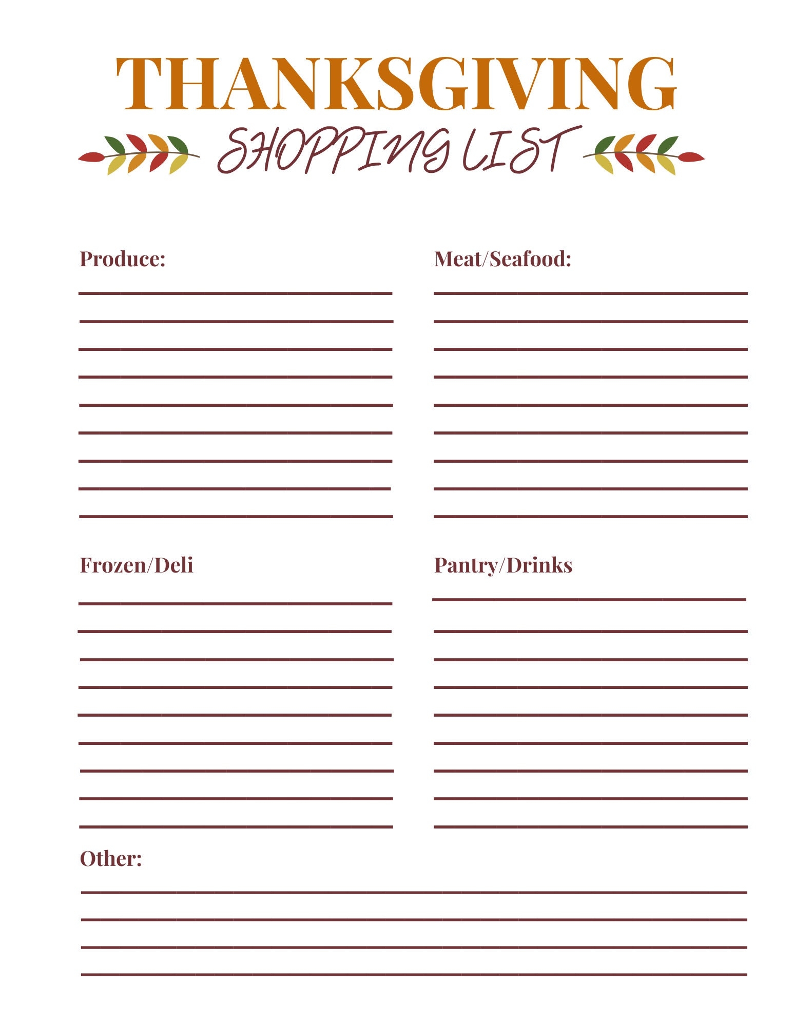 INSTANT DOWNLOAD Thanksgiving Menu And Shopping List Thanksgiving Meal Plan Shopping List Simple Thanksgiving Day Plan Etsy