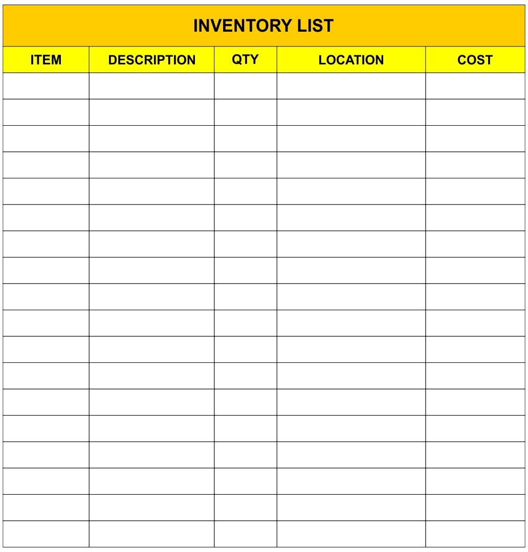 Template For Inventory List
