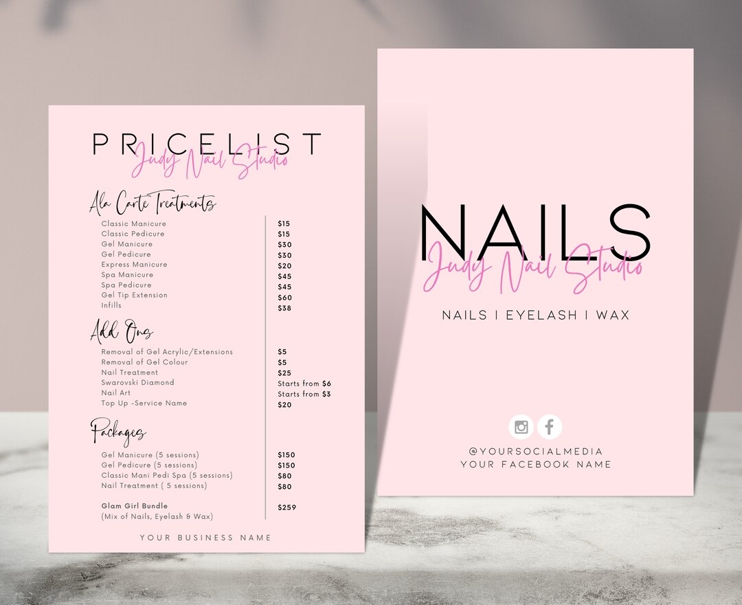 JUDY Nails Salon Price List Pre Made Templates Editable Printable Instant Beauty Nail Manicure Pricing Design Minimalist Hair Menu Etsy Israel