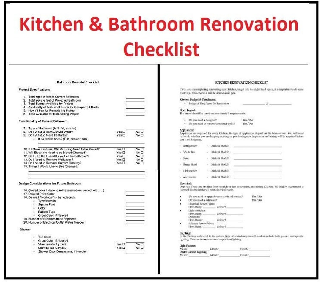 Kitchen And Bathroom Renovation Checklist All In One Checklist Template For Remodel With Materials Accessories List Printable PDF File Etsy