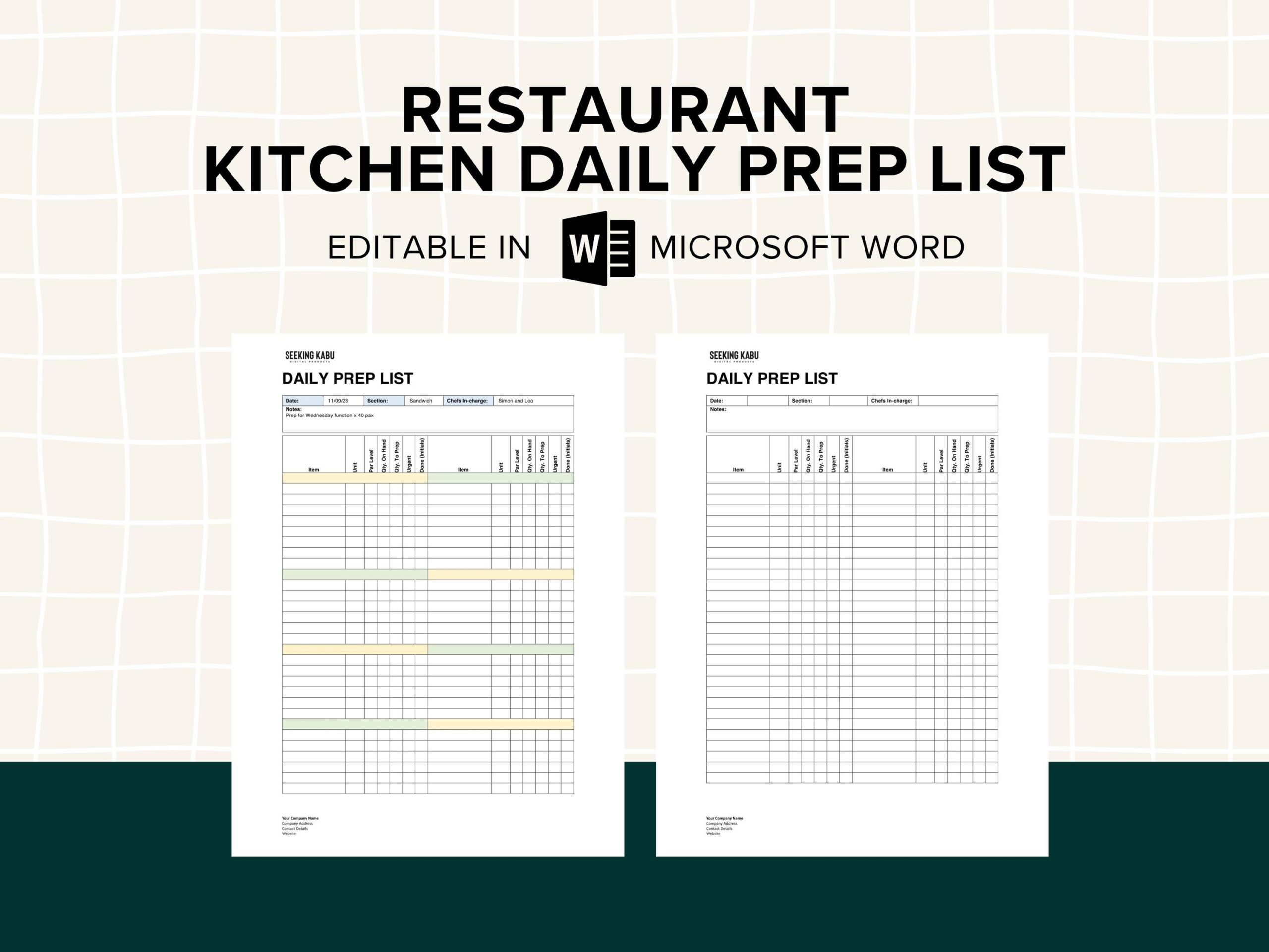 Kitchen Daily Prep List Shift Handover Notes Fot Chefs Restaurant And Cafe Checklist Templates Etsy