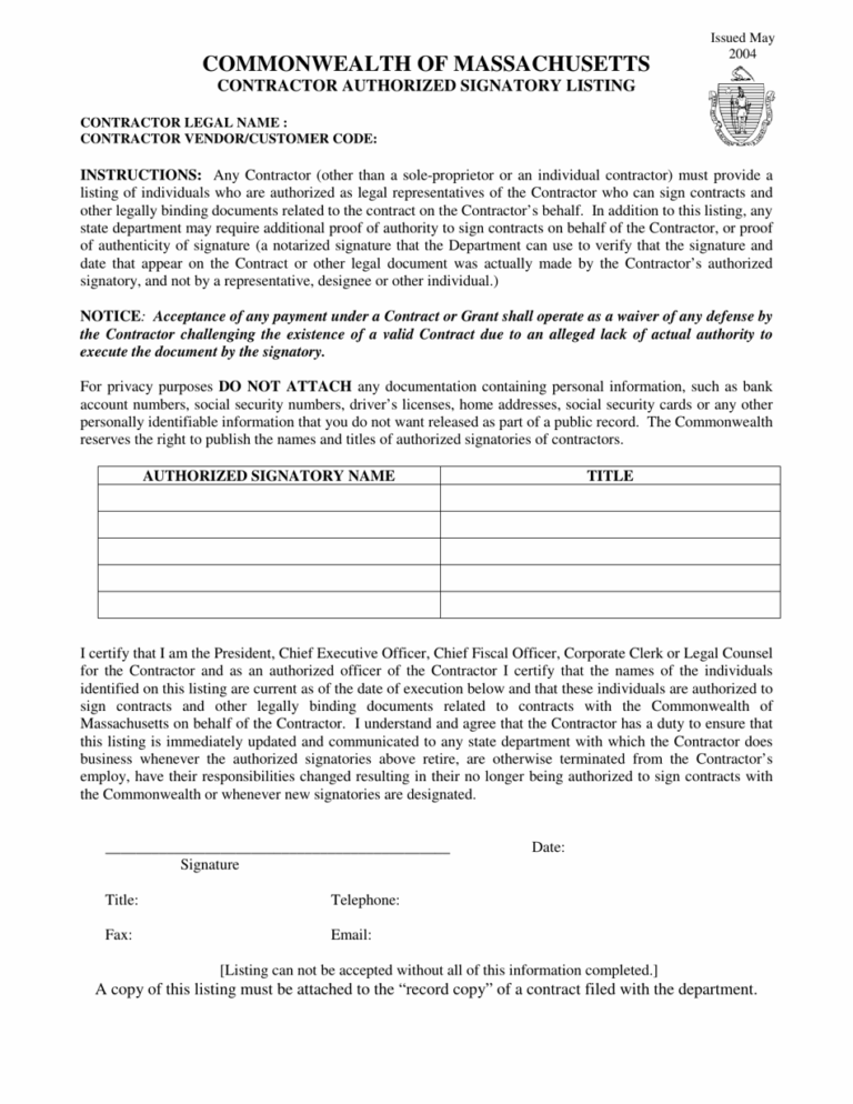 Massachusetts Contractor Authorized Signatory Listing Fill Out Sign Online And Download PDF Templateroller
