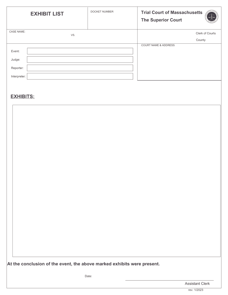 Massachusetts Exhibit List Download Fillable PDF 2019 2025 Templateroller