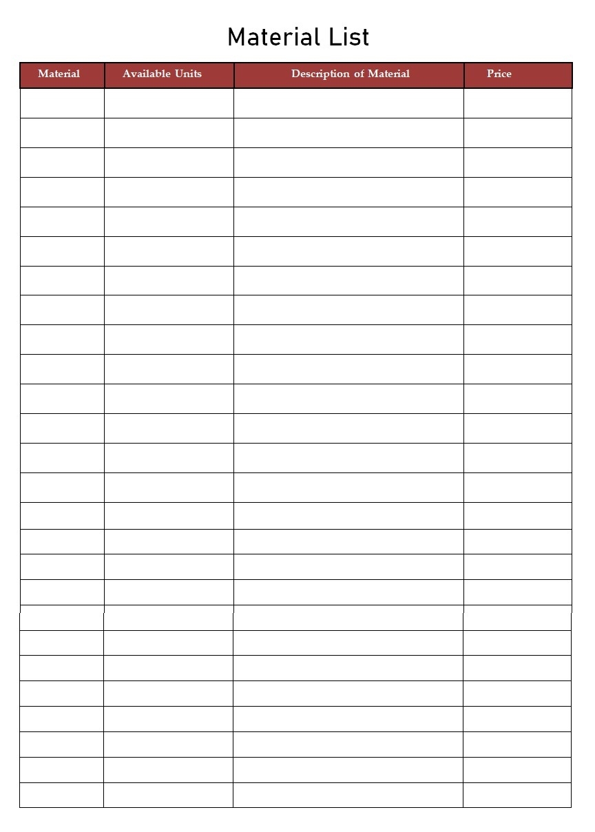 Material List Template Free Word Templates