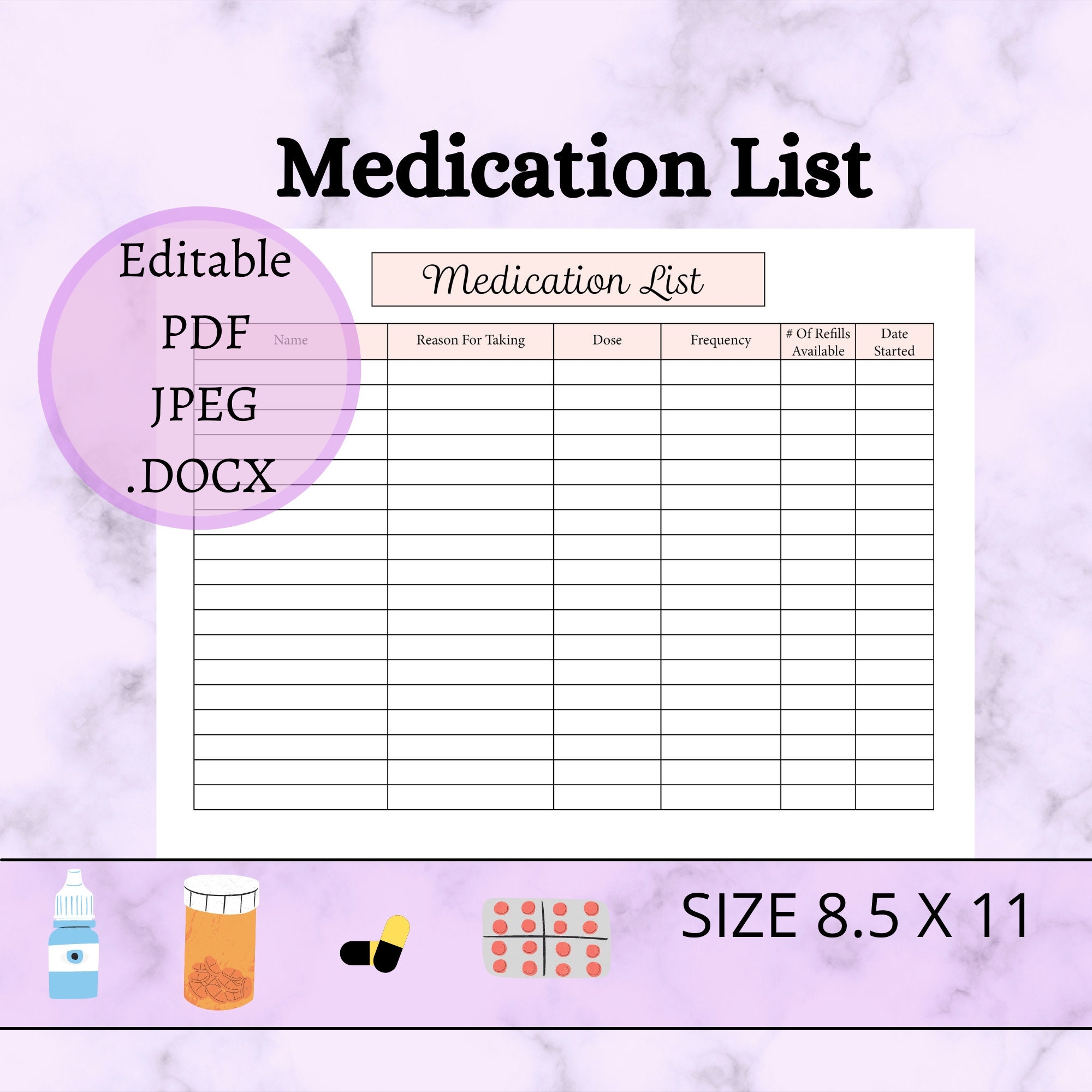 Medication List Editable And Printable Template PDF JPG U0026 DOCX Formats Medical Chart For Doctor Visits Log Prescriptions Dose And More Etsy