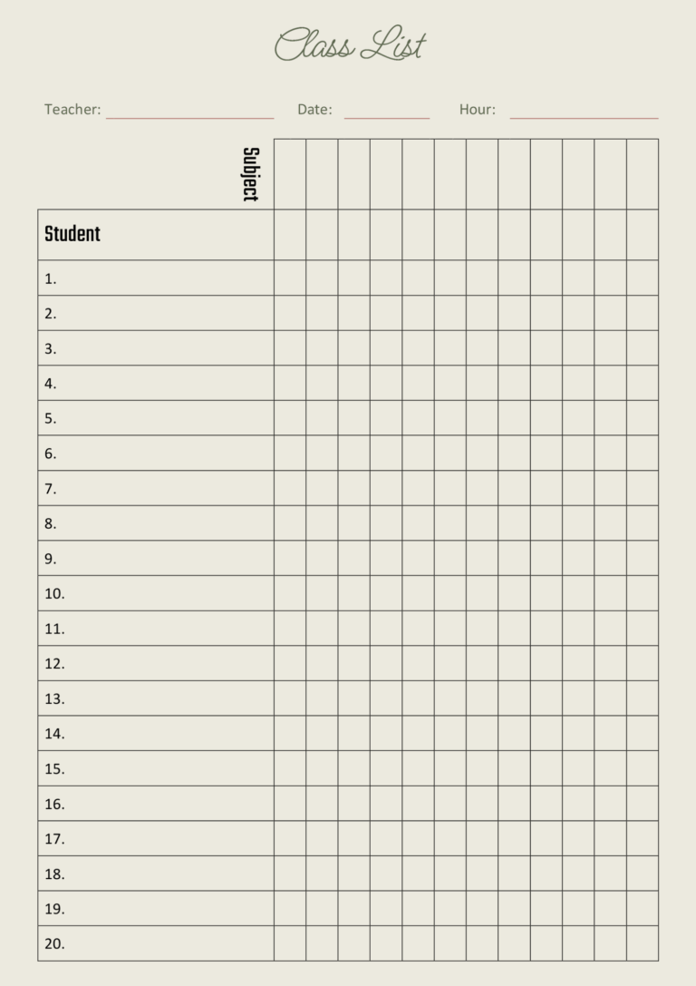 Minimal Class List Template Word PDF Highfile