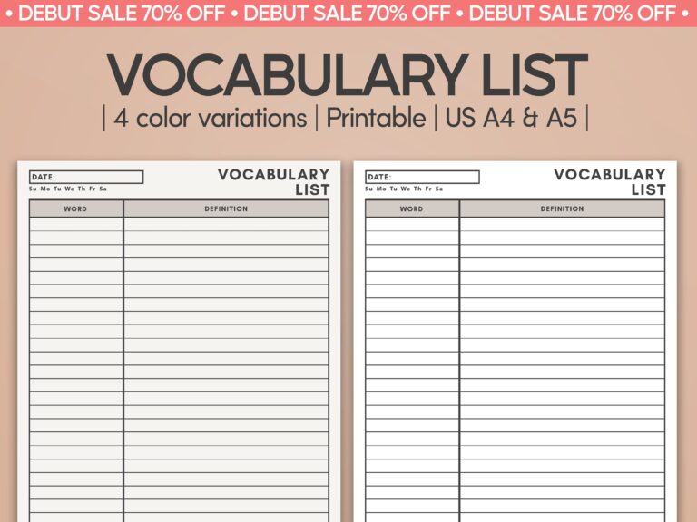 Minimal Vocabulary List Printable Vocabulary Note Worksheet Language Study Notebook Template Word Book Pdf Voca Card Planner Inserts Etsy