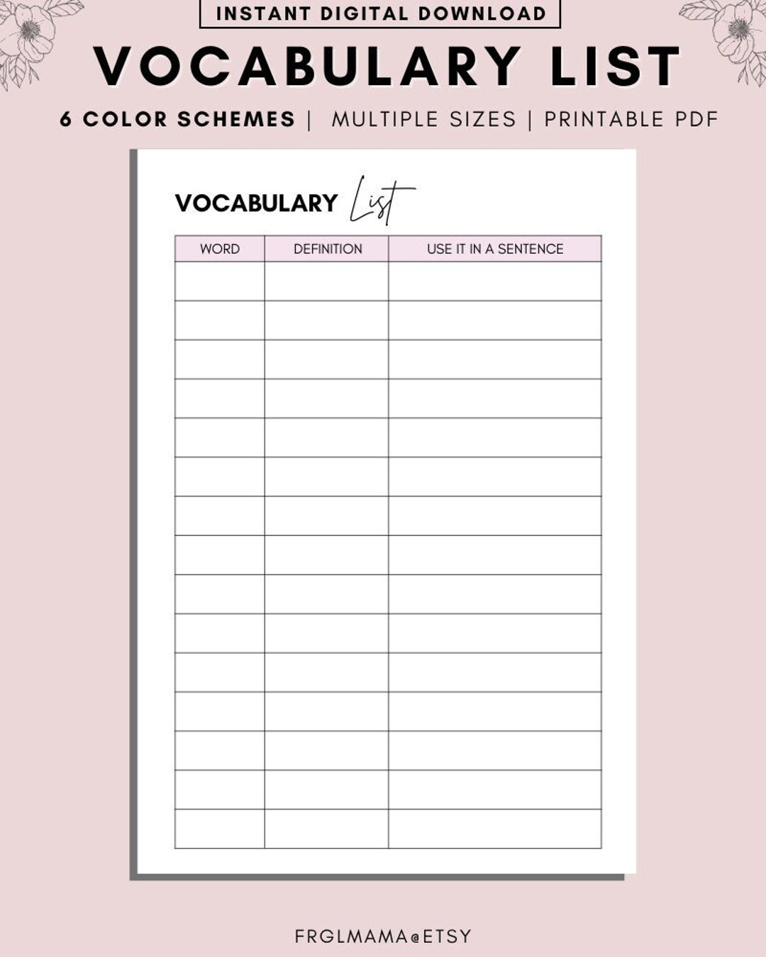 Minimal Vocabulary Note Printable Planner Inserts Vocabulary List Worksheet Language Study Notebook Template Word Book Pdf Voca Card Etsy