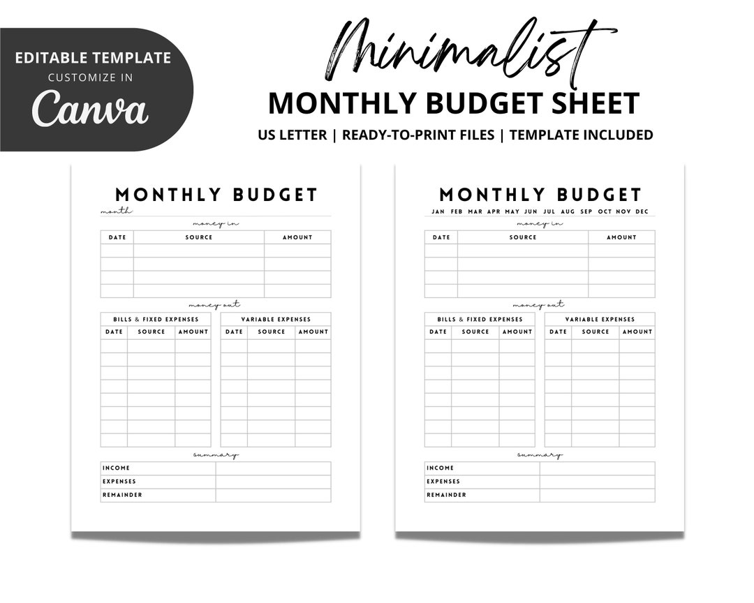 Minimalist Monthly Budget Sheet US Letter Editable TEMPLATE Printable Digital Instant Download Etsy