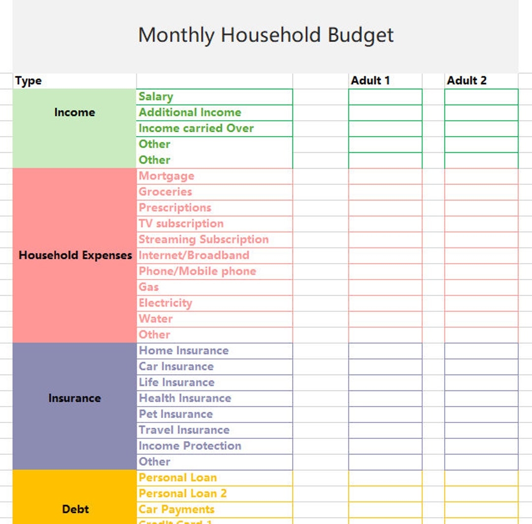 Monthly Household Budget Template Easy To Use Excel Spreadsheet Digital Download Etsy
