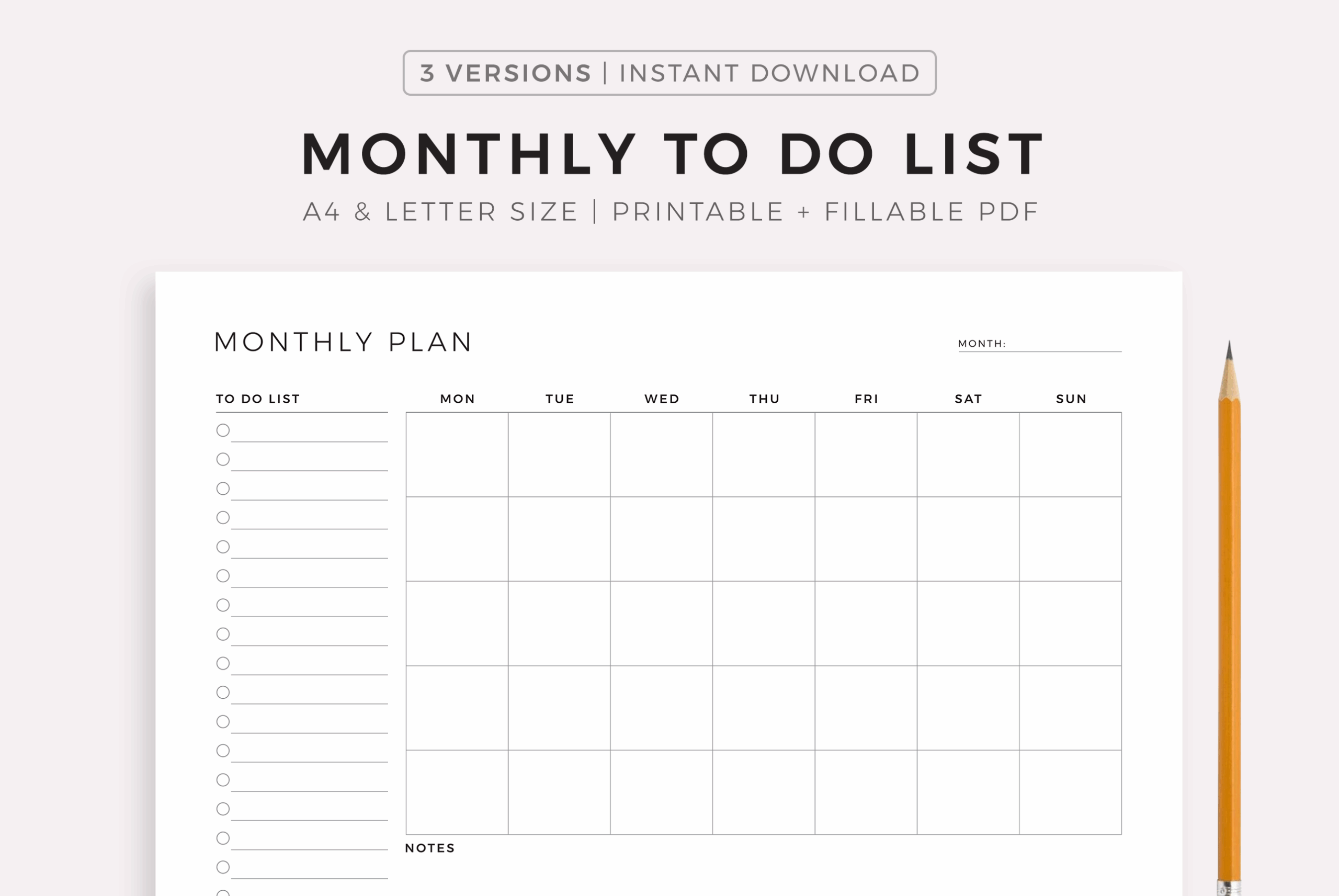 Monthly To Do List Planner Landscape A4 Letter Printable 