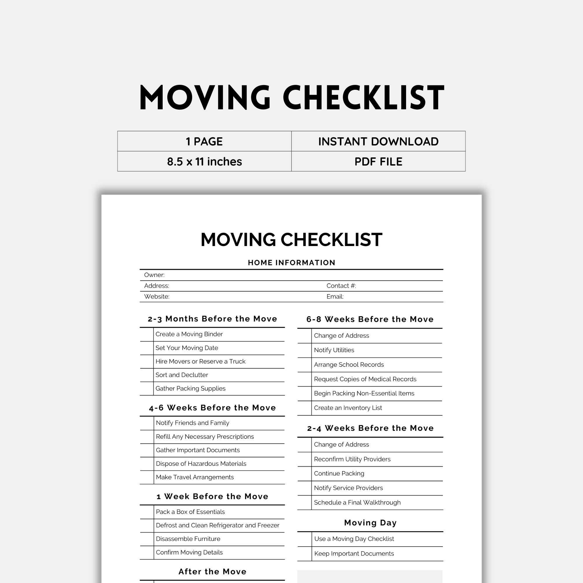 Moving Checklist Moving Planner Moving Printable Moving List 