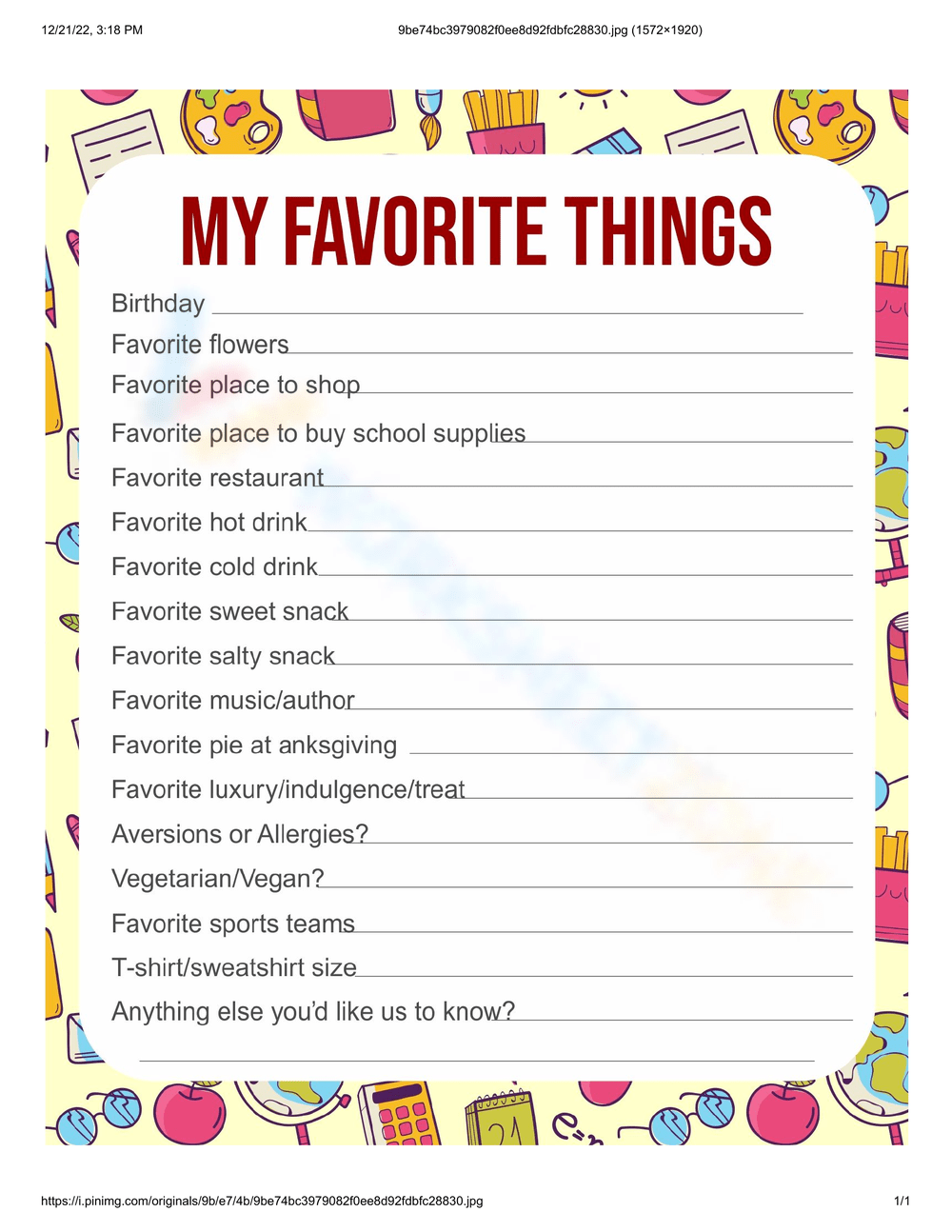 List Of Favorite Things Template