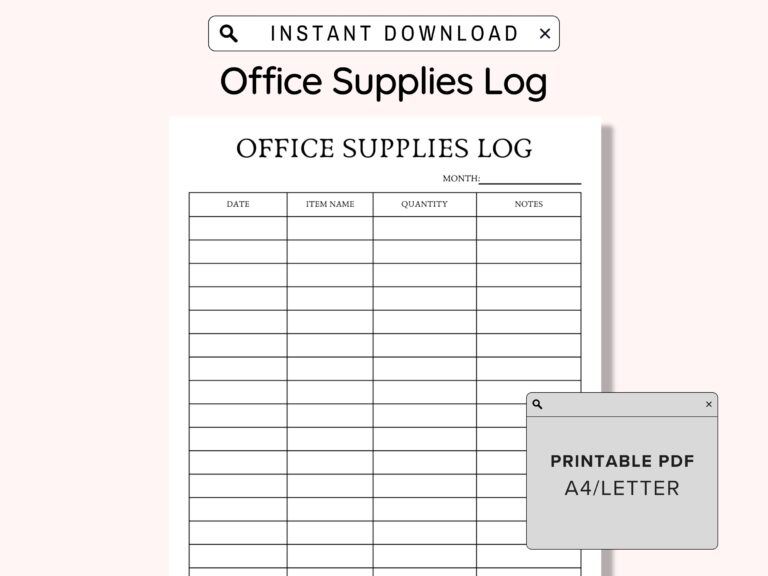 Office Supplies Log Checklist Printable Business Office Supplies 