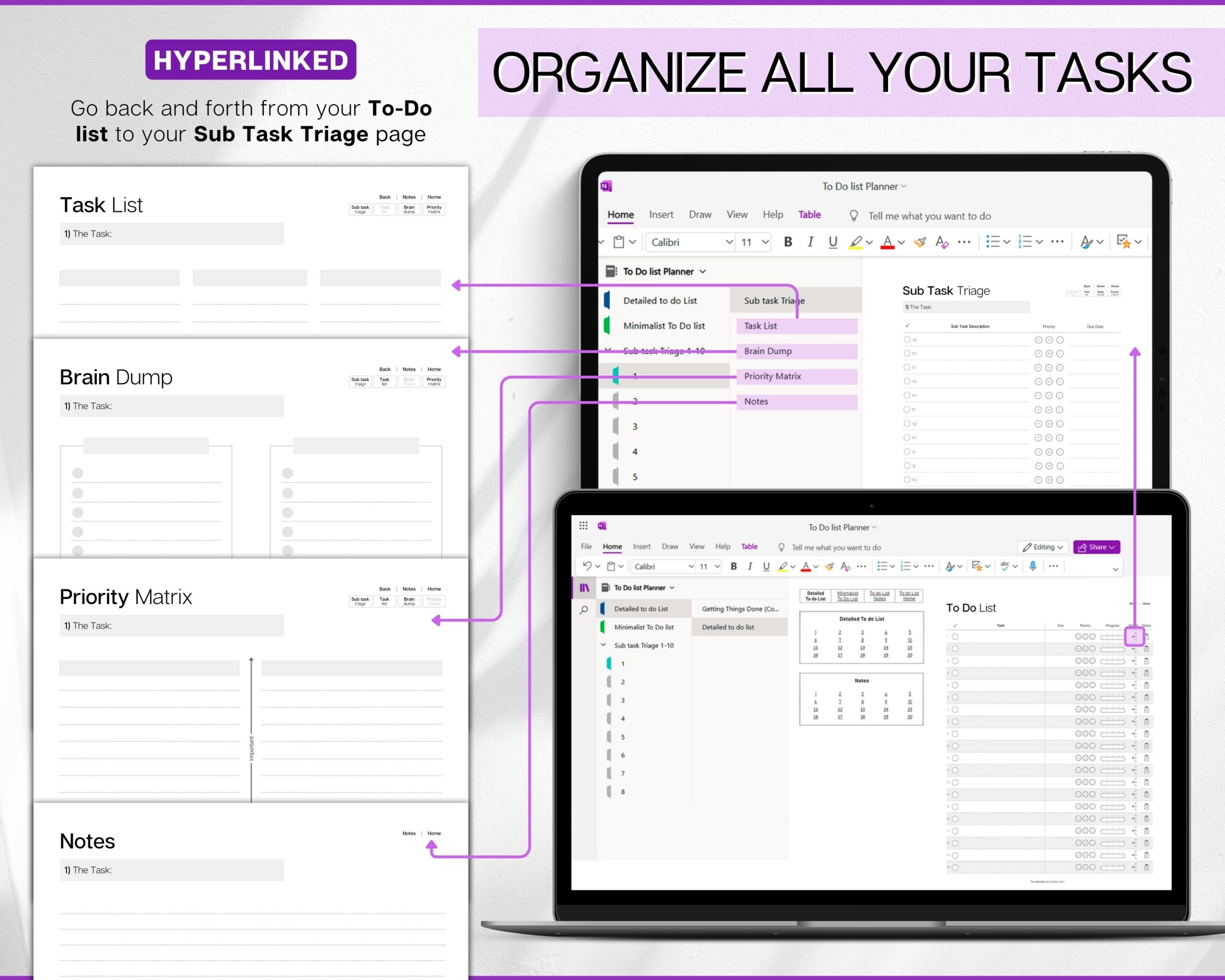 OneNote To Do List Template Hyperlinked To Do List For One Note Digital Task List Brain Dump Template ADHD To Do List Minimalist List