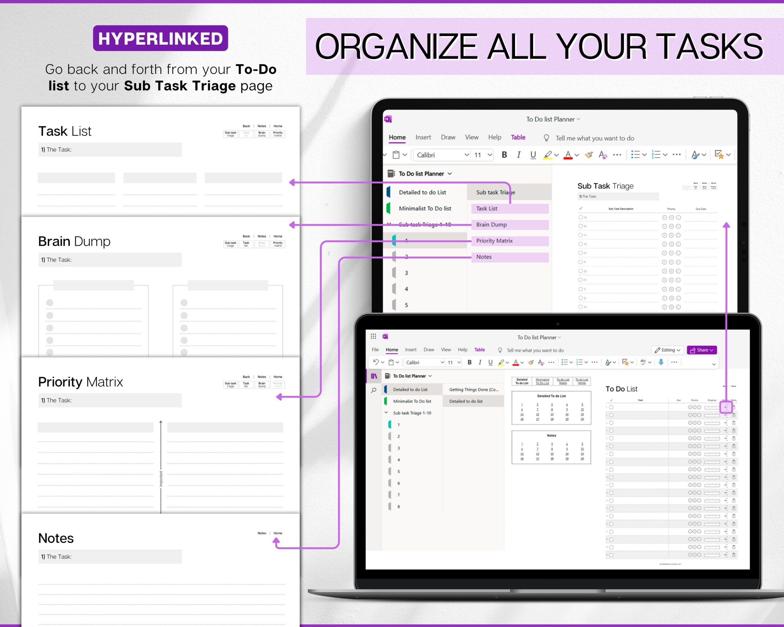 OneNote To Do List Template Hyperlinked To Do List For One Note Digital Task List Brain Dump Template ADHD To Do List Minimalist List