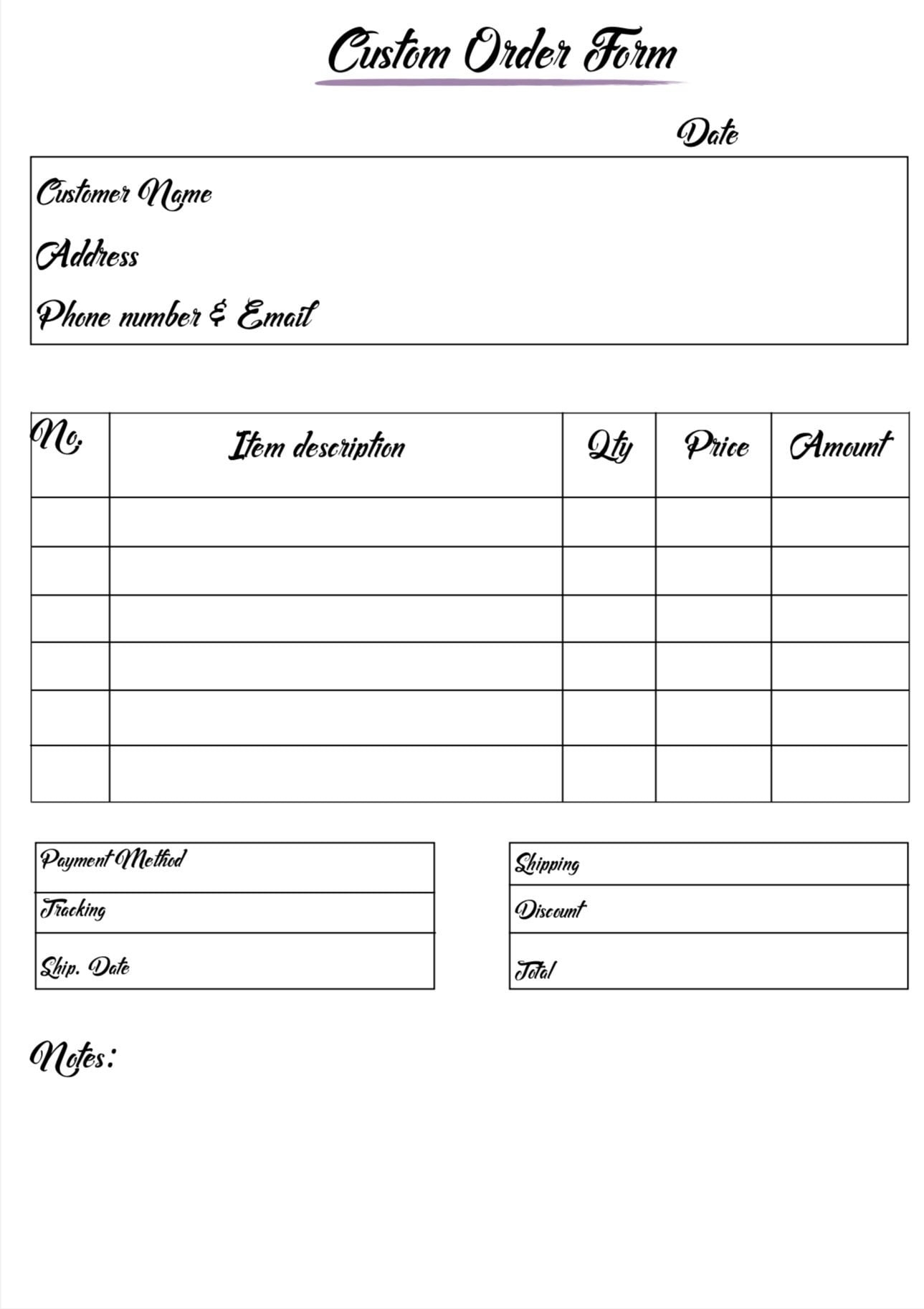 Order Form Printable Custom Order Instant Download Small 