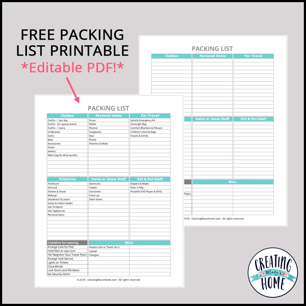 Packing List Printable Editable PDF Creatingmaryshome Packing List Printable Editable PDF Creatingmaryshome