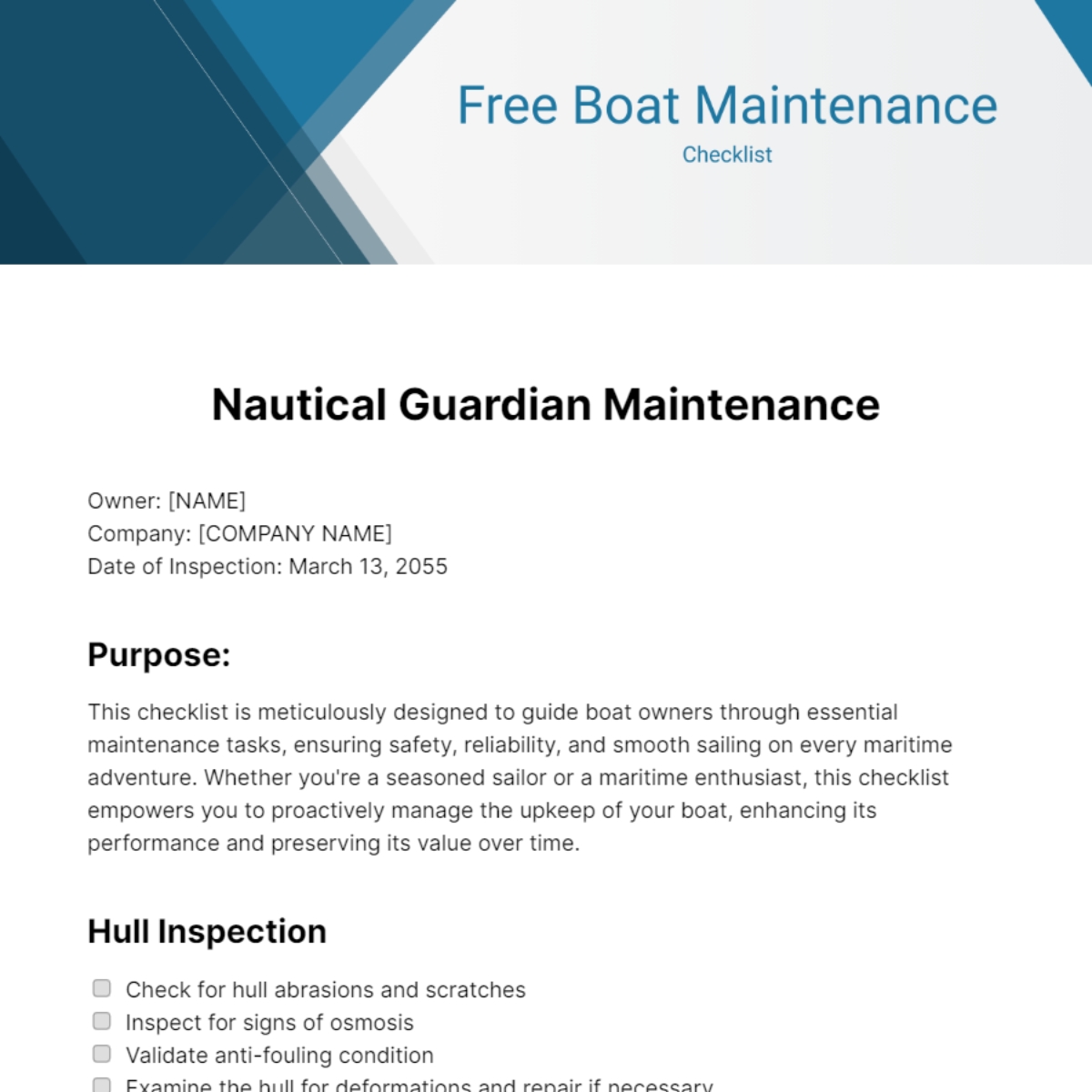 Template Free Printable Boat Inspection Checklist