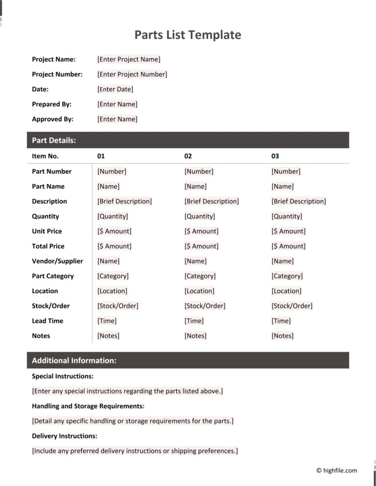 Parts List Template Word Google Docs Highfile