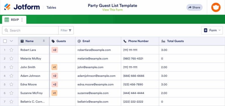 Party Guest List Template Jotform Tables
