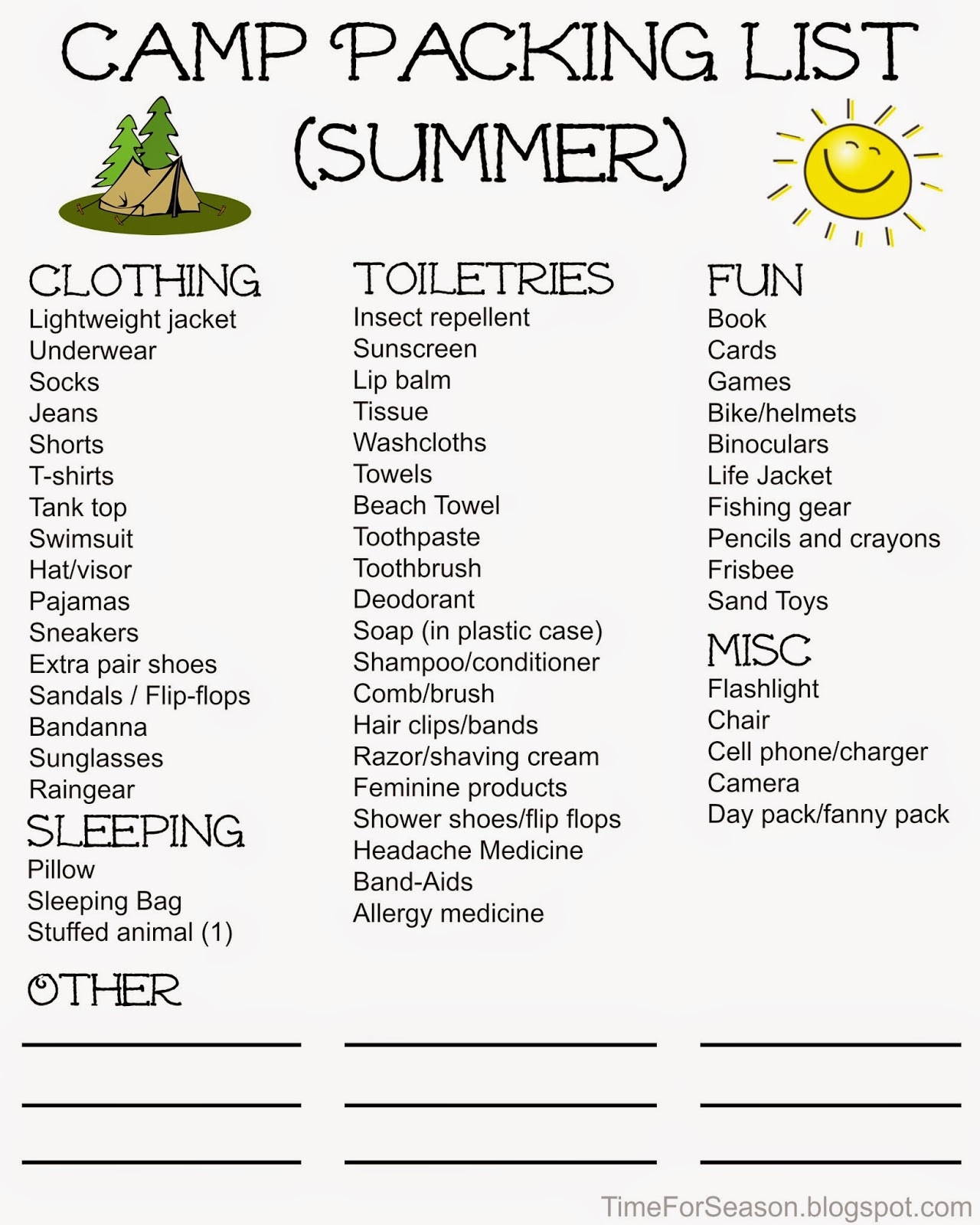 Personal Camp Packing Lists Free Printable