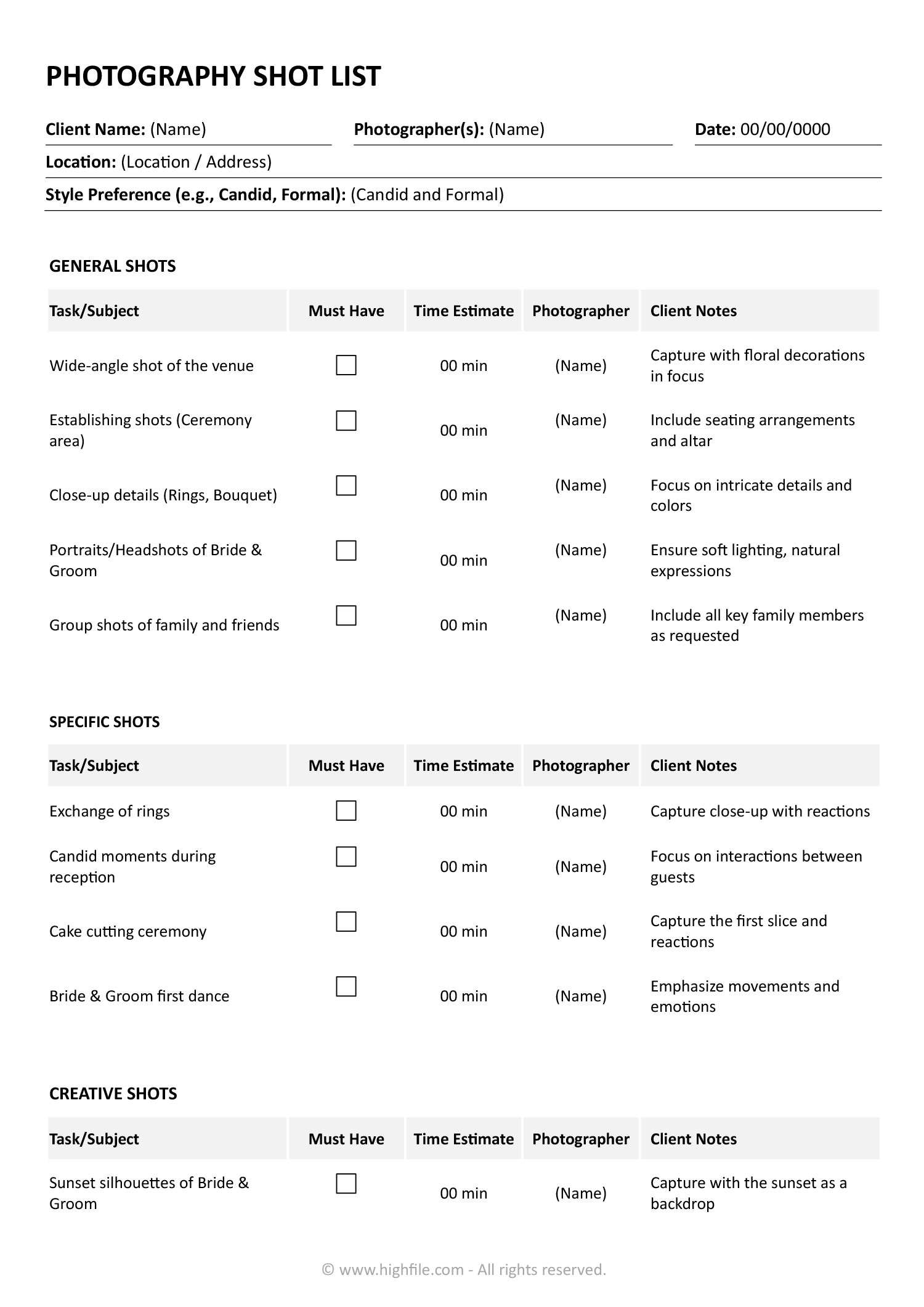 Photography Shot List Word Google Docs Highfile
