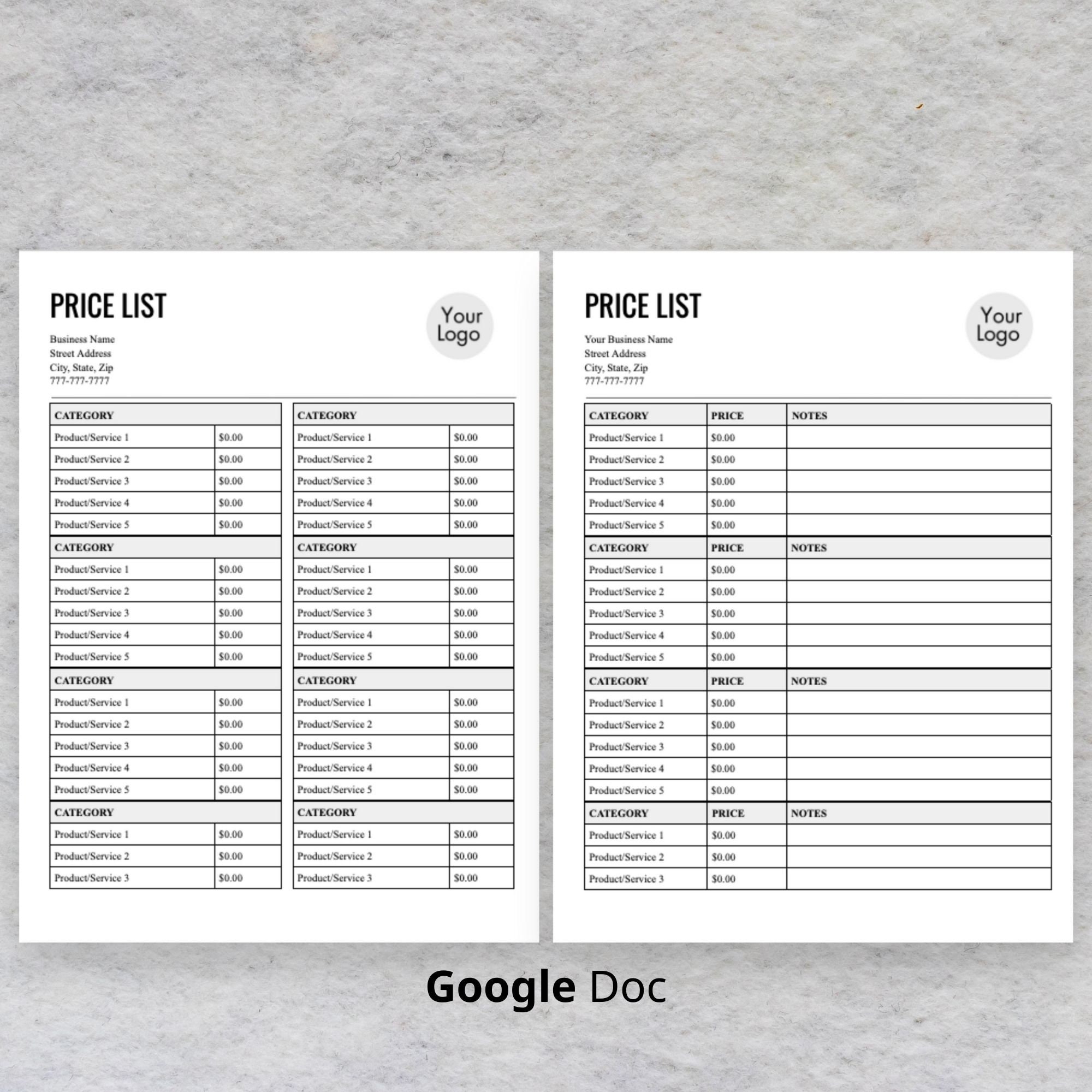 List Of Prices Template