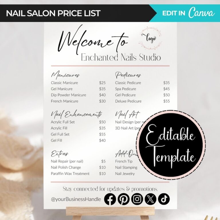 Price List Template Nail Salon Pricing Template Editable Canva Menu Price List For Small Business Small Business Sign Nail Technician Etsy