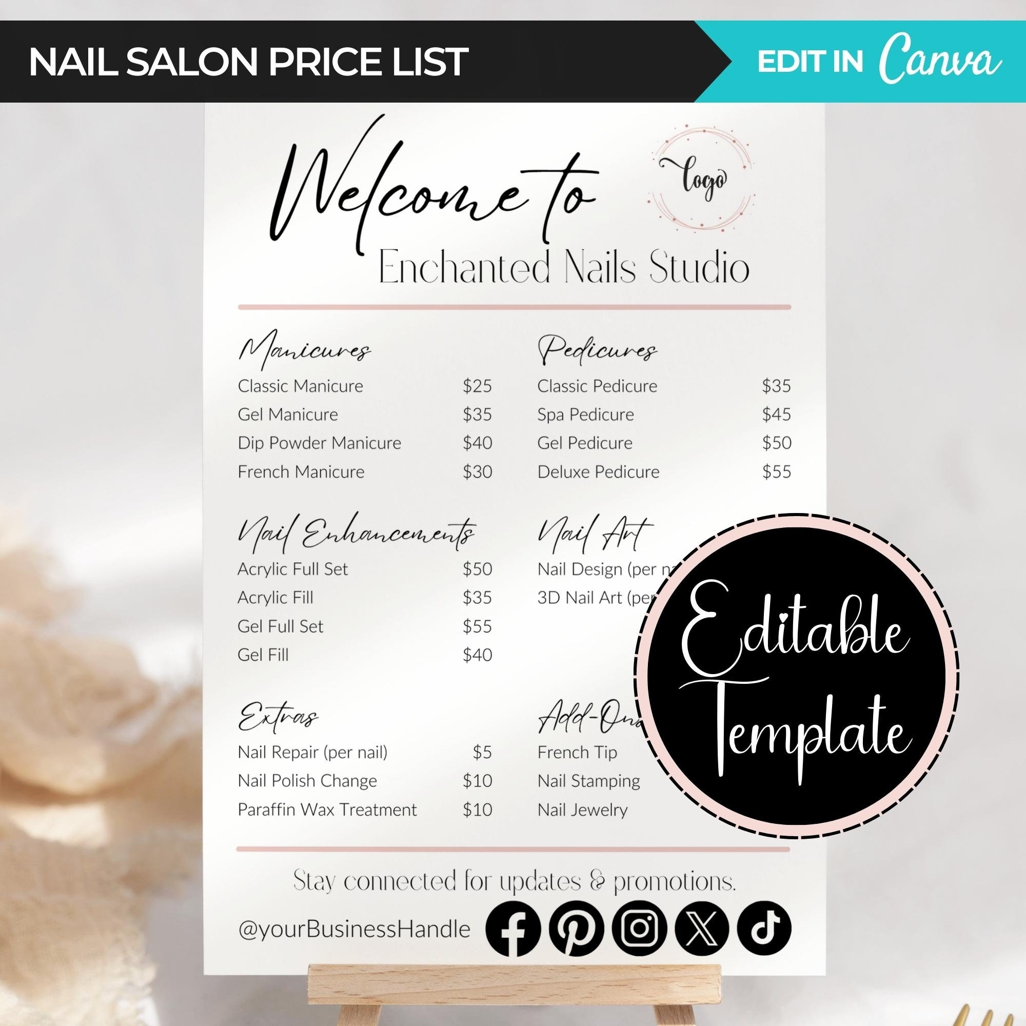 Price List Template Nail Salon Pricing Template Editable Canva Menu Price List For Small Business Small Business Sign Nail Technician Etsy