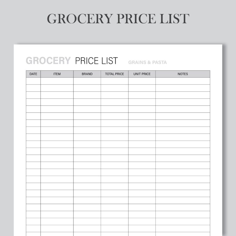 Printable Grocery Price List Budget List Grocery Budget Grocery 