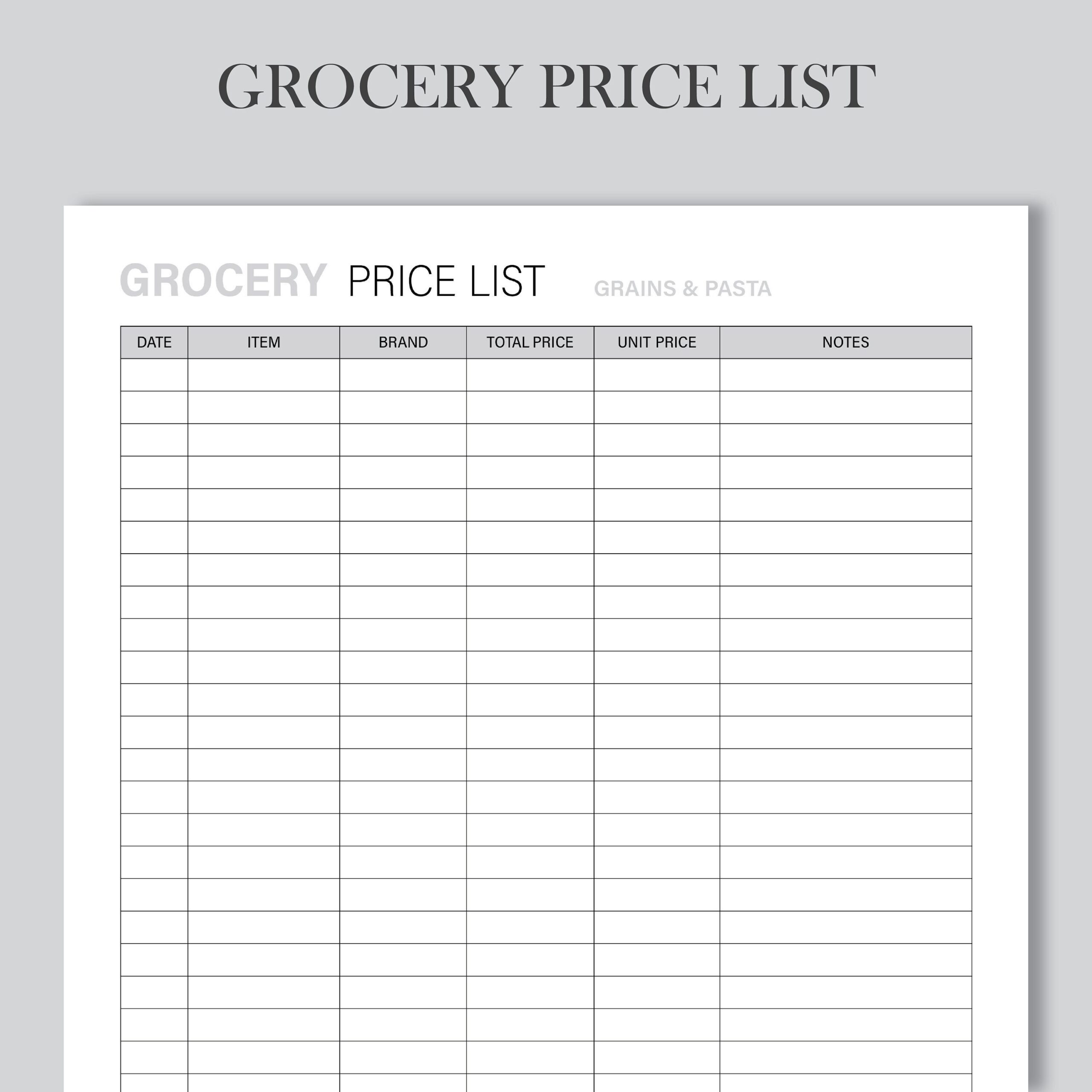 Printable Grocery Price List Budget List Grocery Budget Grocery 