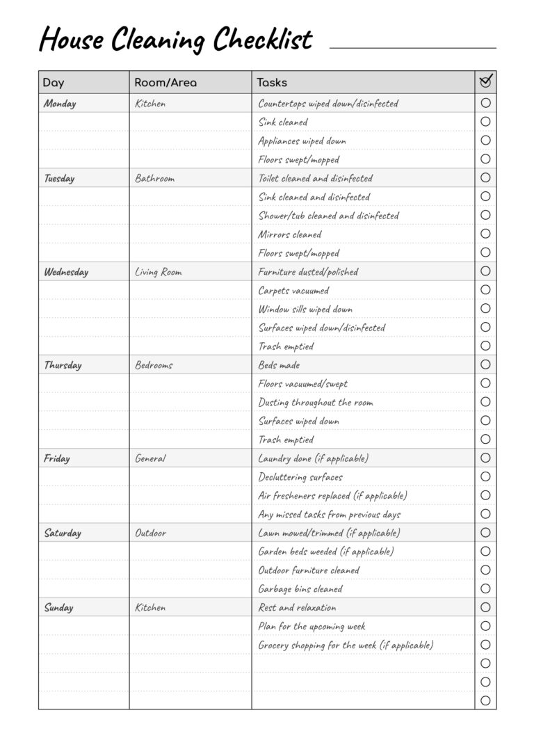 Printable House Cleaning Checklist Free Google Docs Template Gdoc io Worksheets Library
