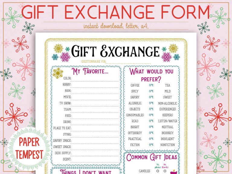 Printable Non denominational Gift Exchange Questionnaire Gift 