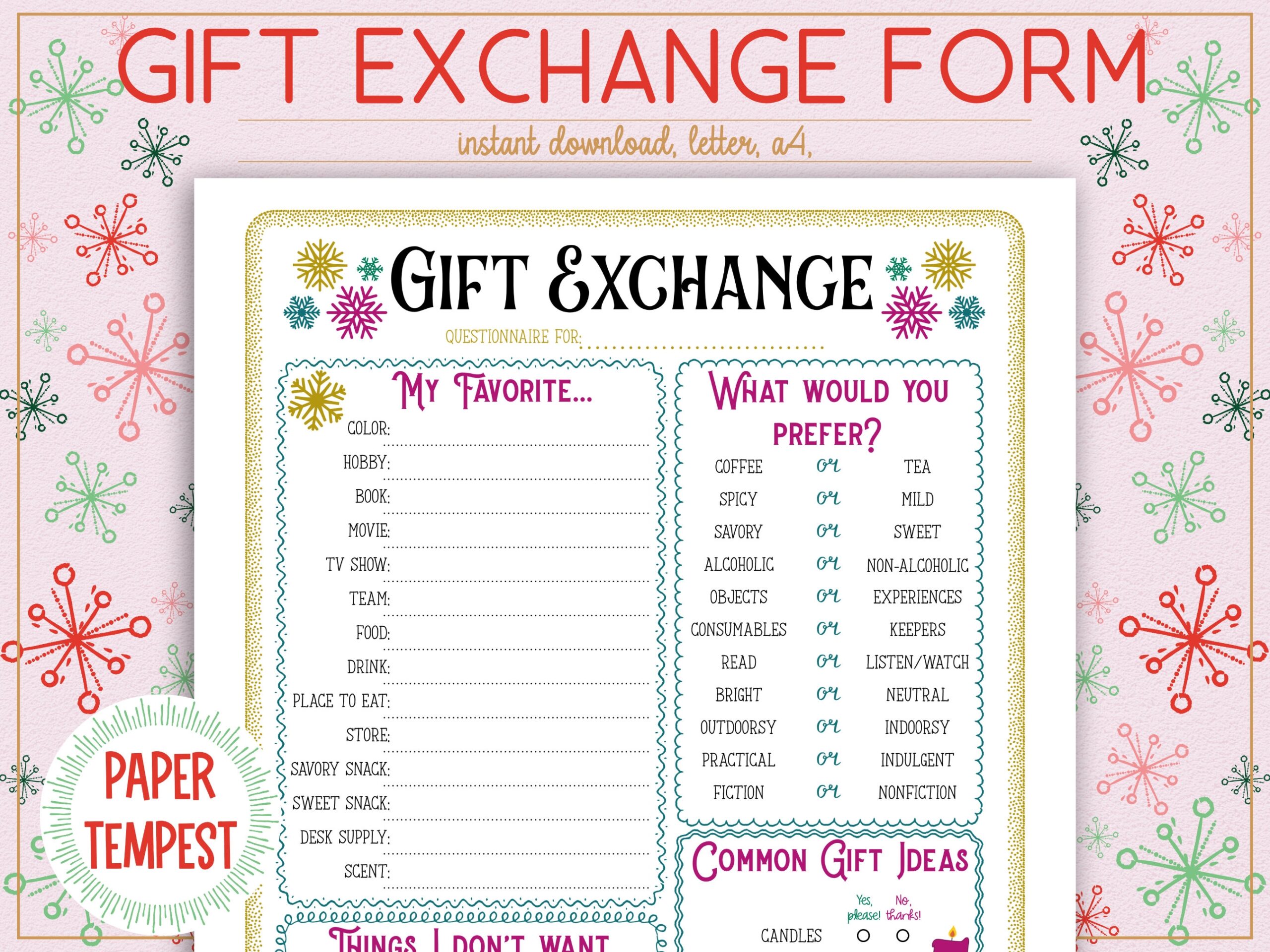 Printable Non denominational Gift Exchange Questionnaire Gift 