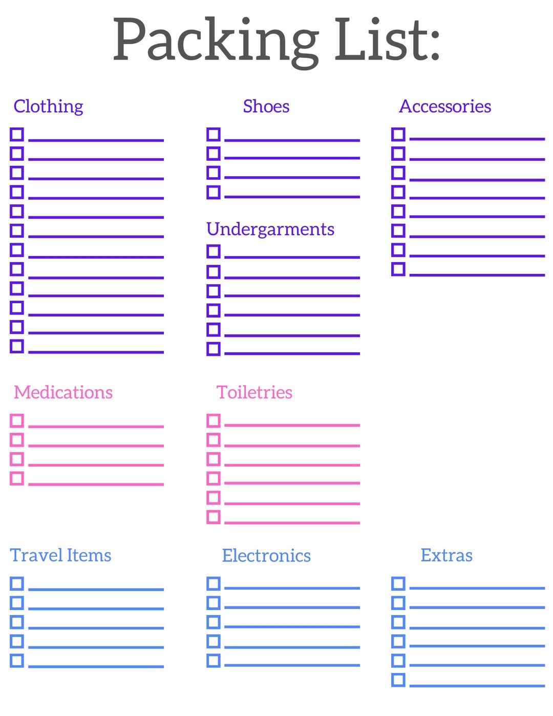 Printable Packing Checklist blank Vacation Packing List Printable Packing List Template Packing List Downloads Organization Pintables Etsy