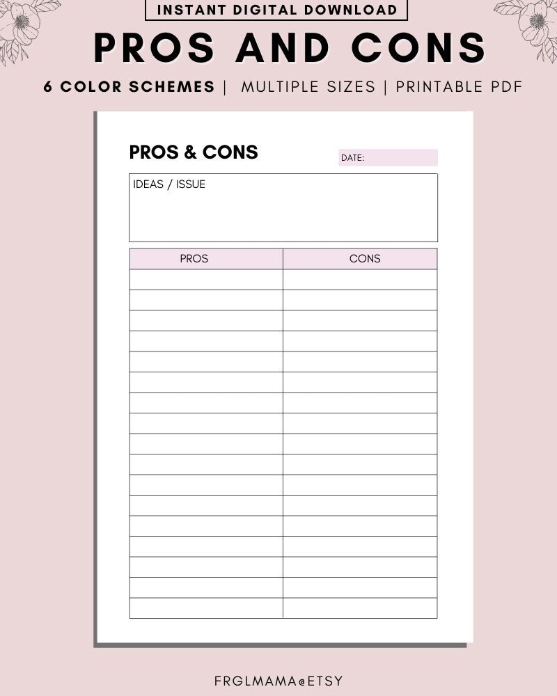 Printable Pros And Cons List Instant Download Print At Home Planner Pages Life Organizer Templates Pro And Con Print Template A4 A5 PDF Etsy Australia