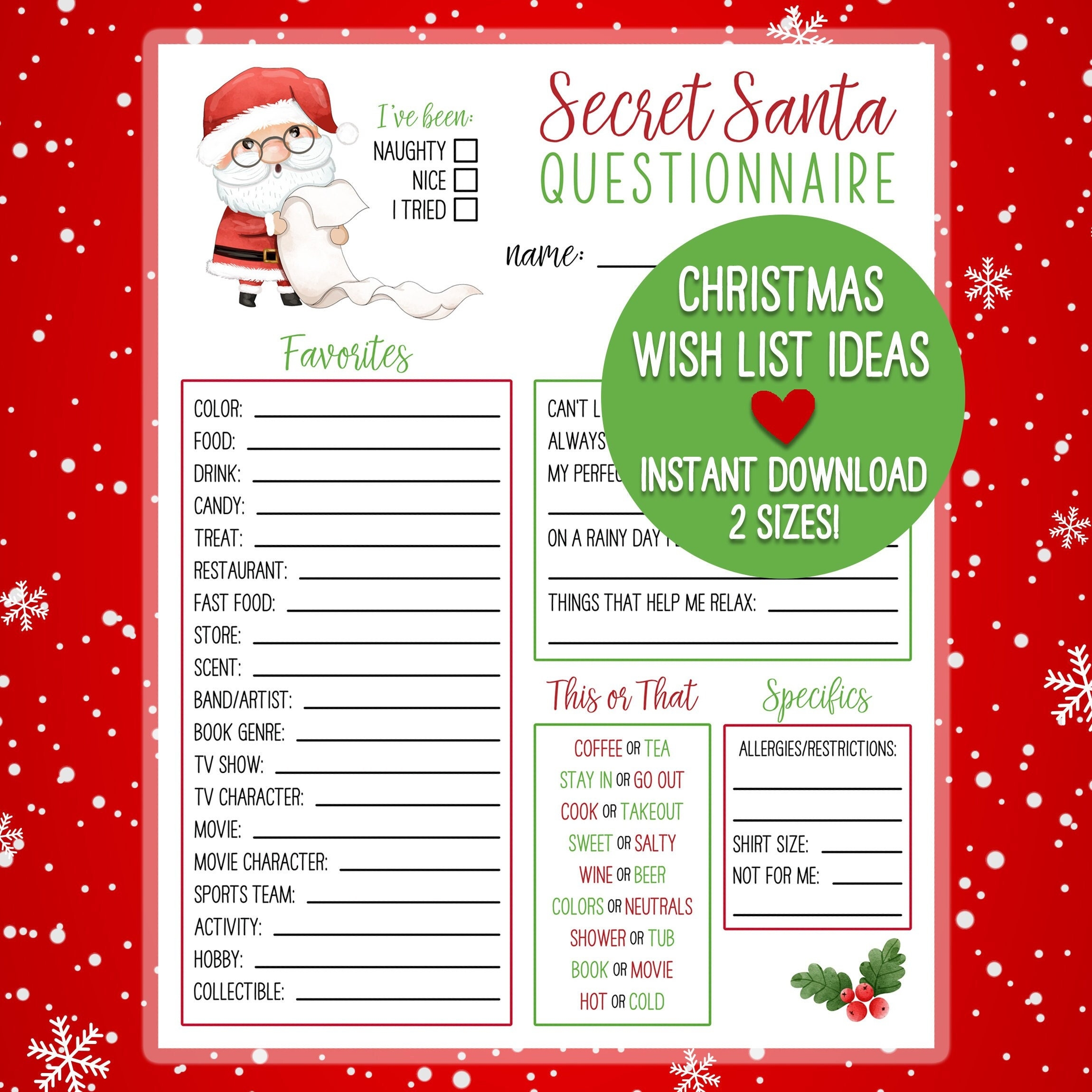 PRINTABLE Secret Santa Christmas Wish List Holiday Gift Exchange Questionnaire Etsy