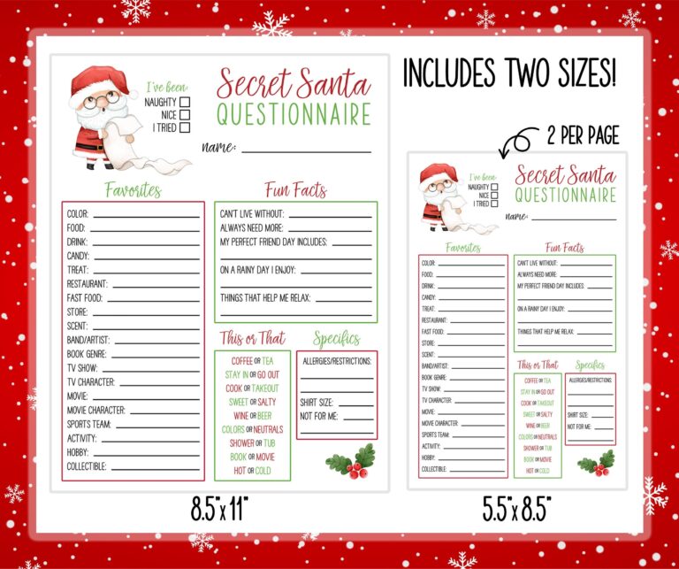 PRINTABLE Secret Santa Christmas Wish List Holiday Gift Exchange Questionnaire Etsy