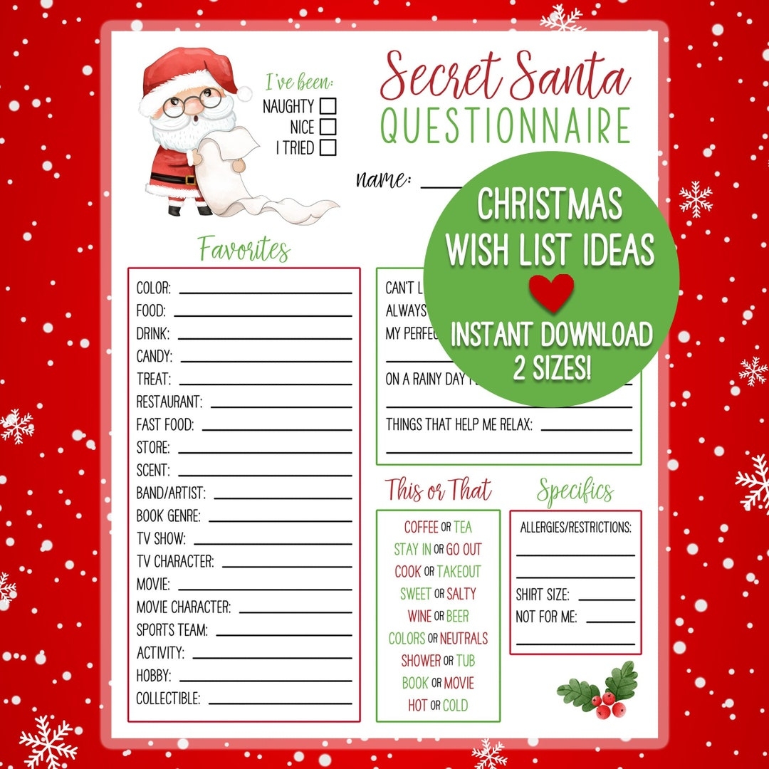 PRINTABLE Secret Santa Christmas Wish List Holiday Gift Exchange Questionnaire Etsy