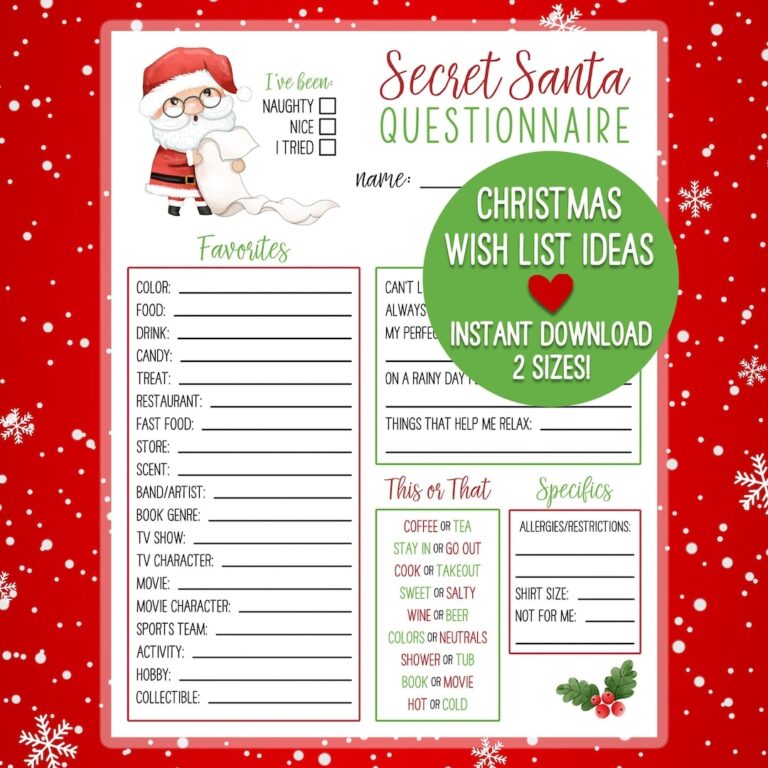 PRINTABLE Secret Santa Christmas Wish List Holiday Gift Exchange Questionnaire Etsy