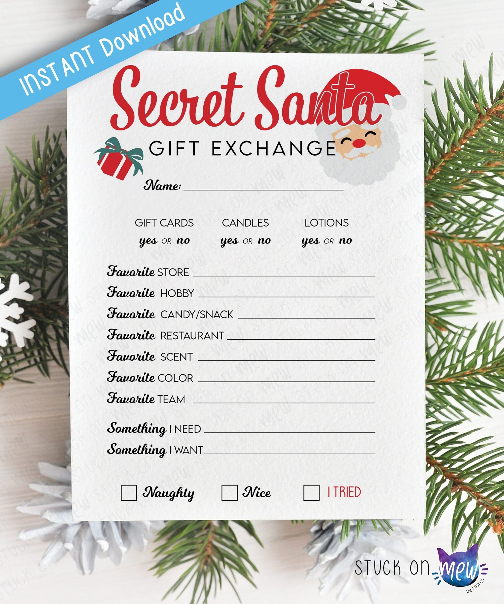 Printable Secret Santa Gift Exchange Questionnaire Christmas 